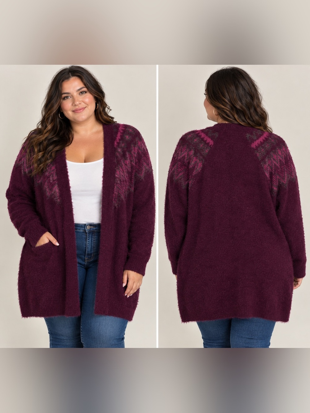 Lane Bryant Plush Open-Front Cardigan Sweater - Burgundy with Pink Accents